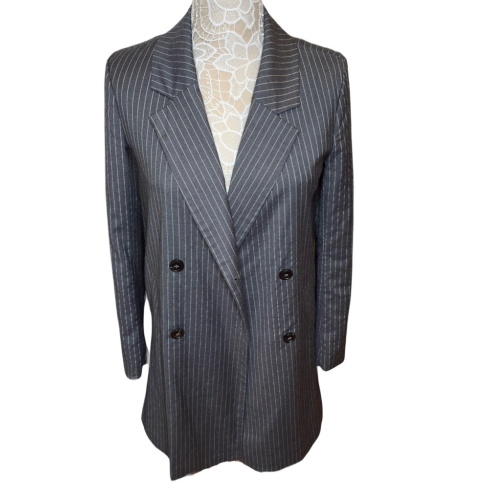 L'Academie Long Pinstripe Double Breasted Blazer Dress Coat